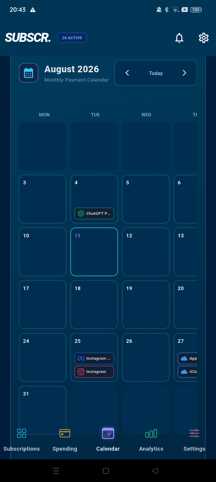 SUBSCR. monthly payment calendar with upcoming subscription renewals