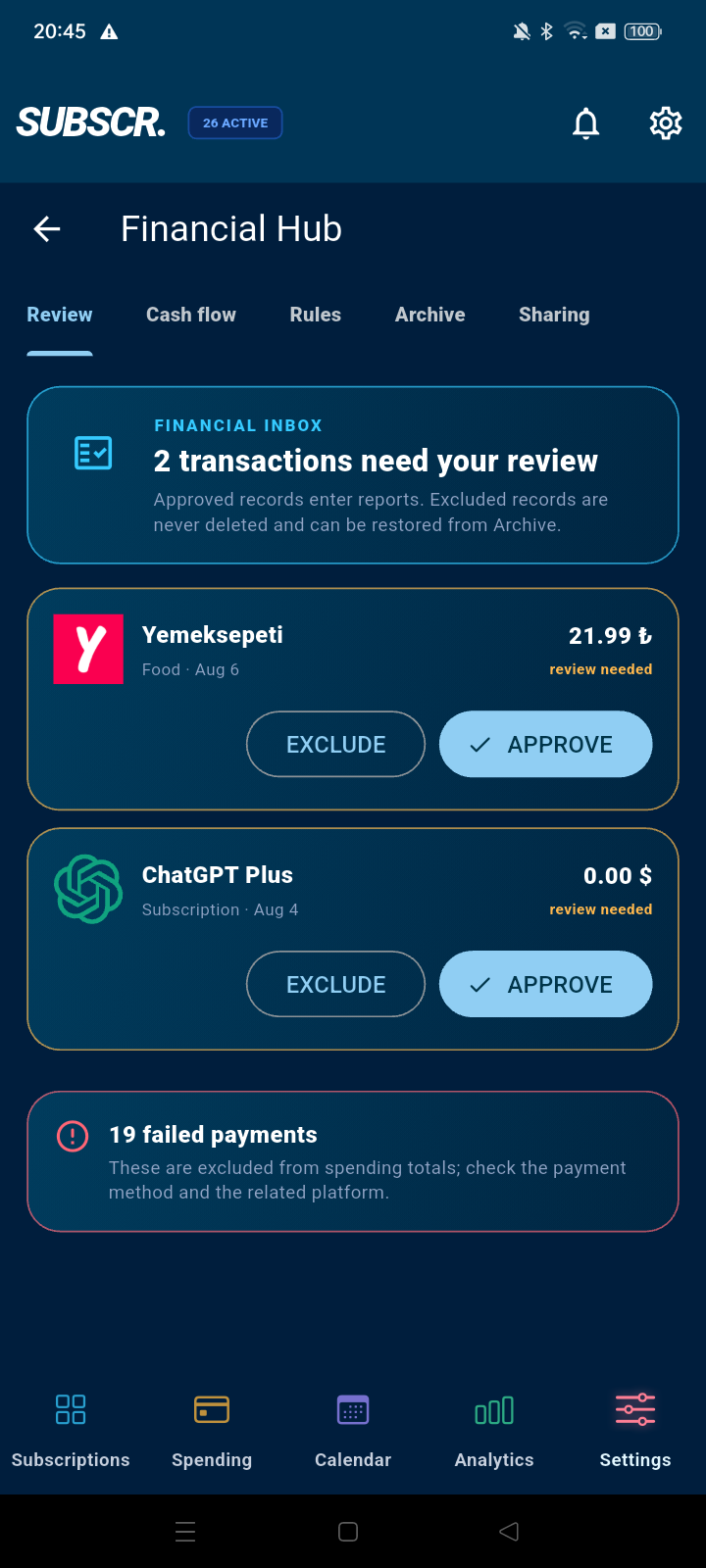 Financial Hub where users approve or exclude detected transactions