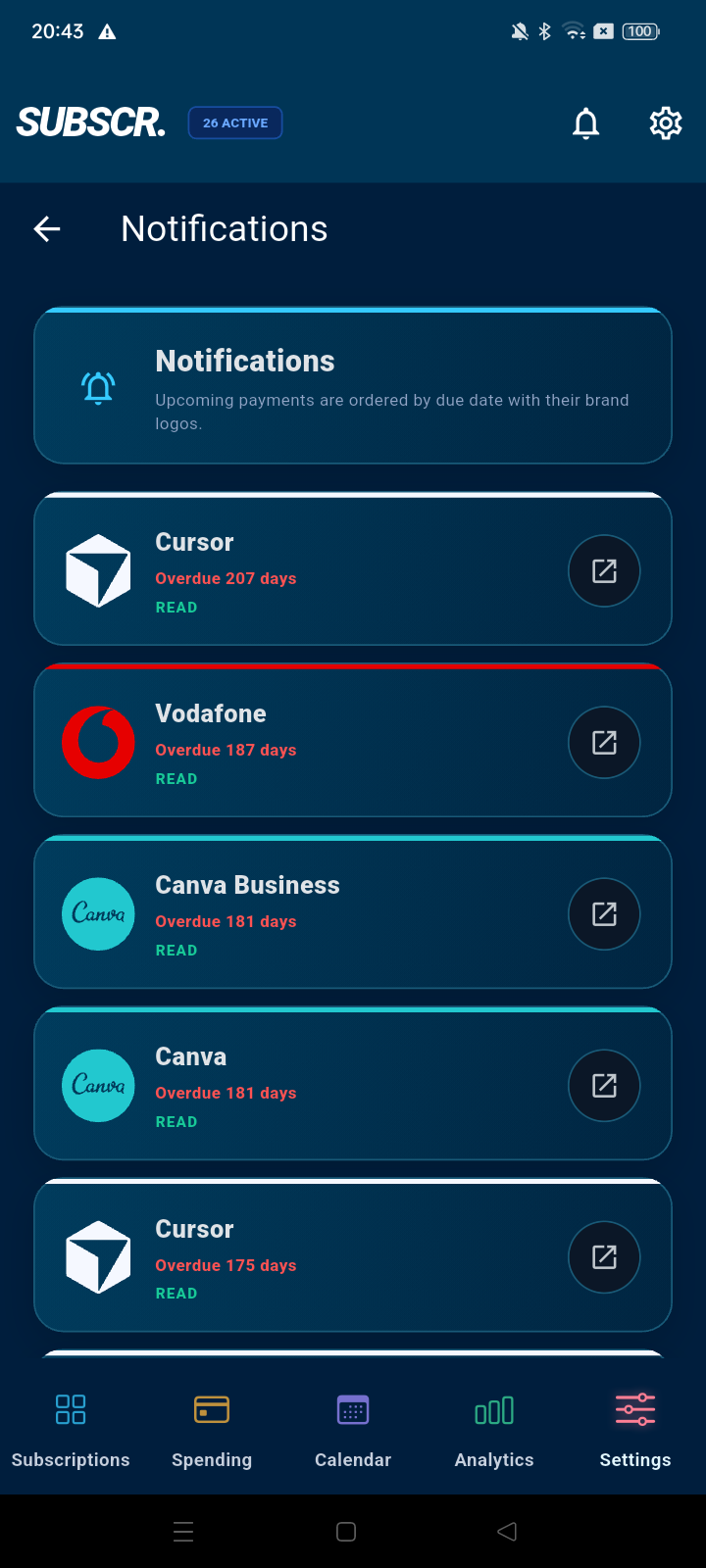 SUBSCR. notification center showing upcoming and overdue subscription payments