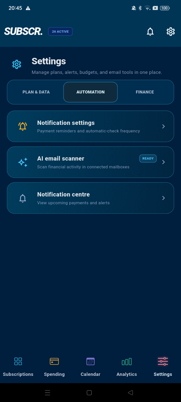 SUBSCR. settings for notifications, AI email scanner and notification center