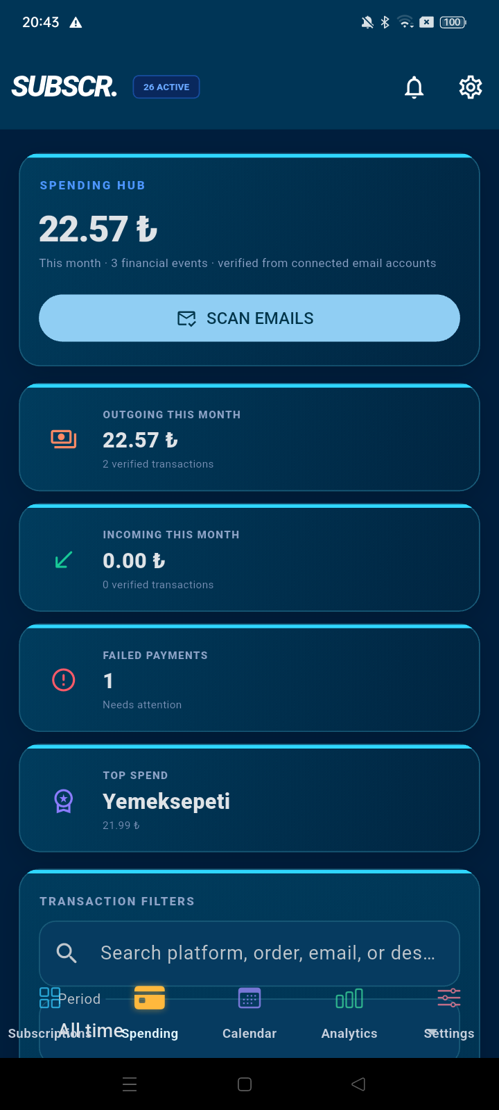 SUBSCR. Spending Hub showing verified outgoing, incoming and failed transactions